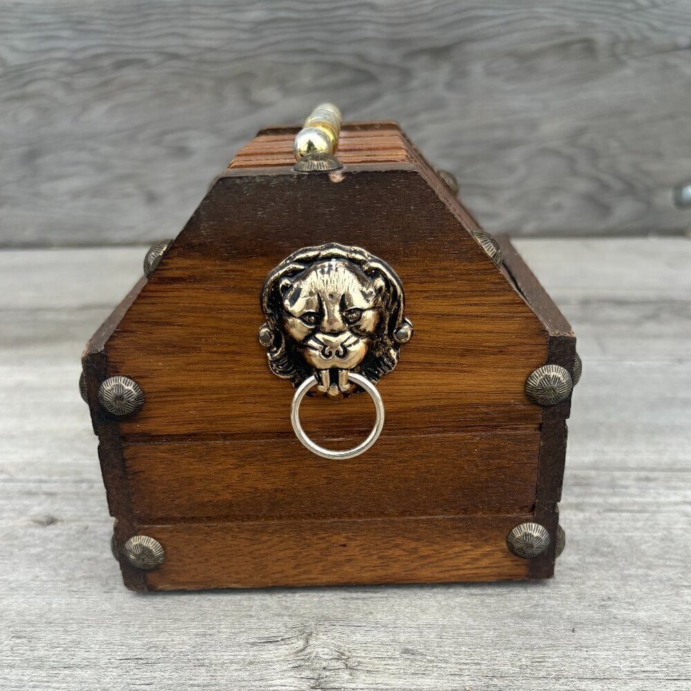 Wooden Coasters with Metal Lion Heads & Holder Set of 8 , Vintage MCM Barware